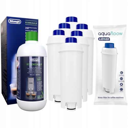  6× filtres à eau pour machine à café AquaFlow Longi blanc + détartrant Delonghi Ecodecalk DLSC500 500 ml