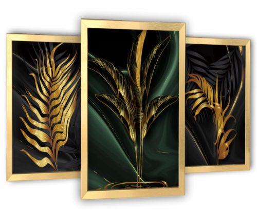 Images au mur 3 tableaux cadre doré salon feuilles d'or 63x129cm