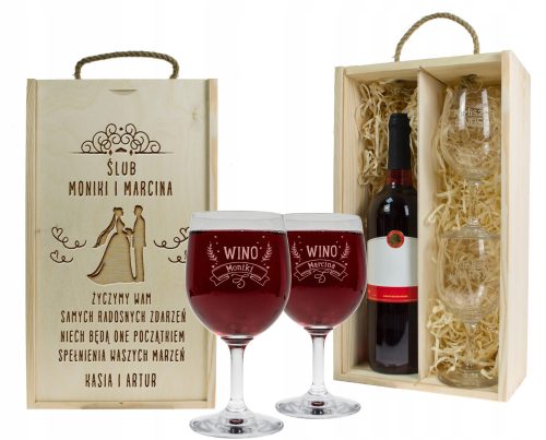  WOODEN WINE BOX AND 2 GLASSES FOR WEDDING