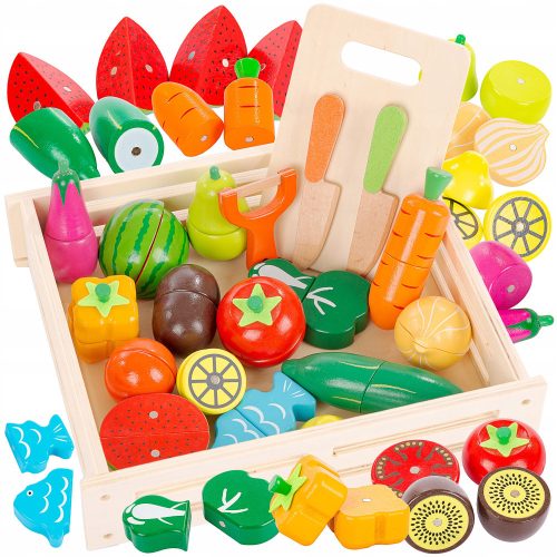  Wooden children's game with multi-colored fruits and vegetables to cut on a magnet