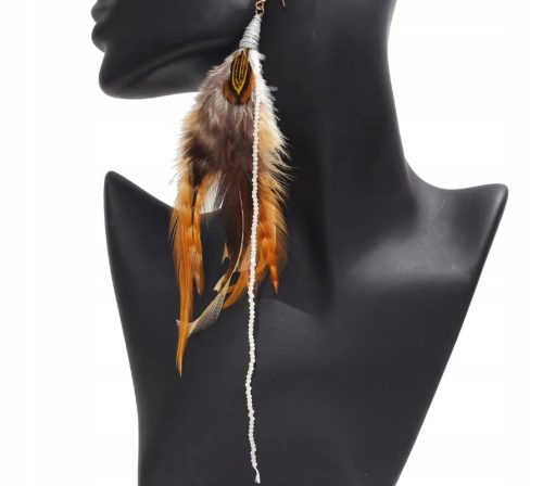  MD long earrings feather camel beige brown white beads | CAMEL