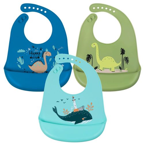  Simed silicone bibs in shades of blue, grey and silver, green, multicoloured 3 pcs.