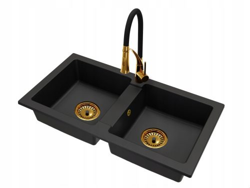 Brado BORYS double bowl sink, NEXO faucet, gold, GOLD siphon, black granite