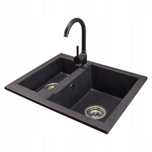 Brado YOGI one-and-a-half bowl sink, BETA faucet, siphon, chrome, black granite