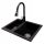 Brado YOGI one-and-a-half bowl sink, TARU faucet, siphon, chrome, black granite