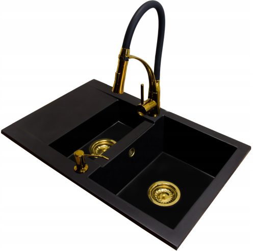 Brado DORIS washbasin with one and a half bowls, Nexo faucet, siphon dispenser, golden black granite