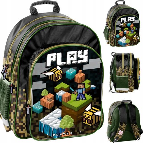  School backpack with multiple compartments, Paso, black, brown and beige tones, green tones, multicolored, 18 l