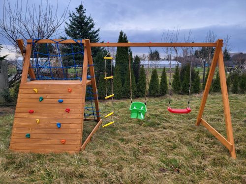 Playground, climbing wall, swings, net