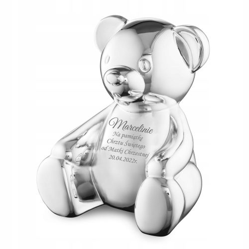  Silver piggy bank, large teddy bear with engraving of the baptism of a one-year-old