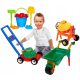 Sand set, wheelbarrow, cement mixer, lawn mower, bucket