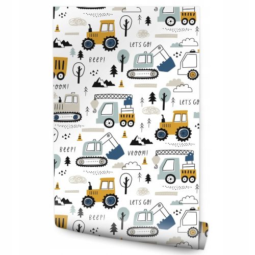 Wallpaper for decorating a boy's room with construction machinery