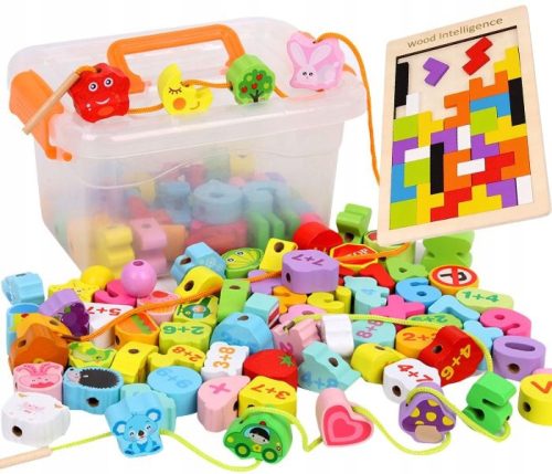  BEAD WOODEN BLOCKS FOR STRINGING MONTESSORI EDUCATIONAL LARGE SET