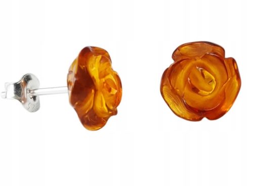  Silver ROSES stud EARRINGS with AMBER certified