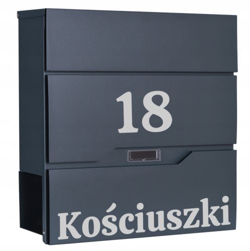Gockowiak mailbox with newspaper, shades of gray