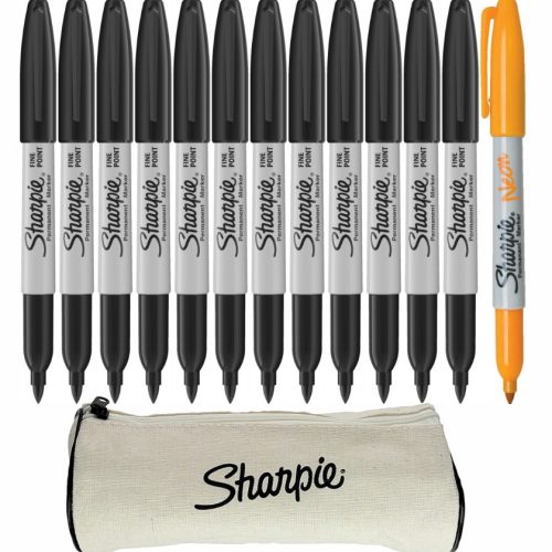  12× markers for ceramics, for wood, for cardboard, for metal, for paper, for plastic, for glass, for textiles, permanent black Sharpie 1 pc. + permanent marker orange Sharpie 1 pc.