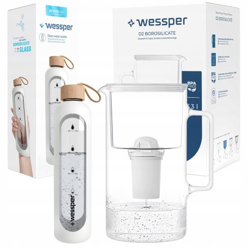  Wessper D2 Borosilicate Aquaclassic filter jug 3.3 l white + Wessper bottle 1000 ml