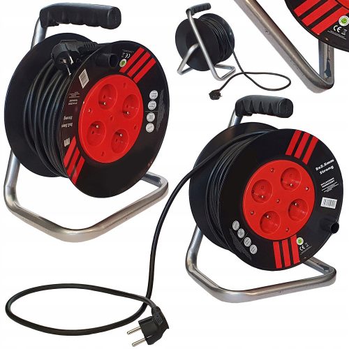 Reel extension cable, garden, 25 m, 4 sockets, black