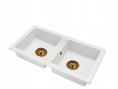 Brado BORYS two-bowl sink, white siphon, golden white granite