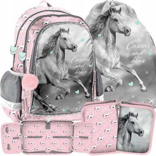 Girls' School Backpack Set with Horse Theme by Paso - Includes Pencil Case and Shoe Bag