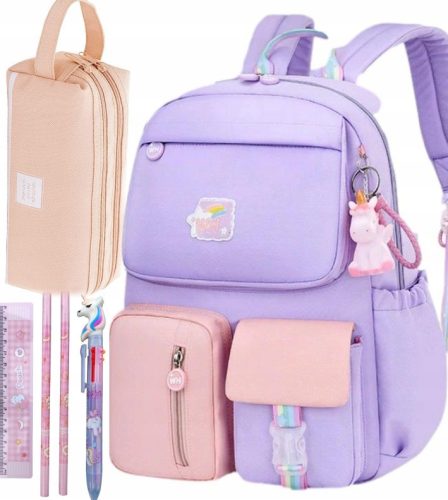  Martius school backpack with multiple compartments. Purple tones, multi-colored
