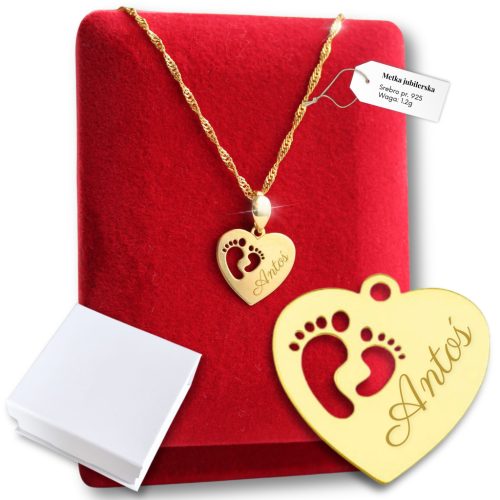  Gold Necklace 925 ENGRAVING Heart Feet Gift