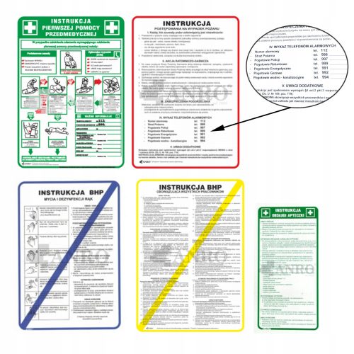 A series of educational boards: First Aid, Occupational Safety and Health, Fire Protection