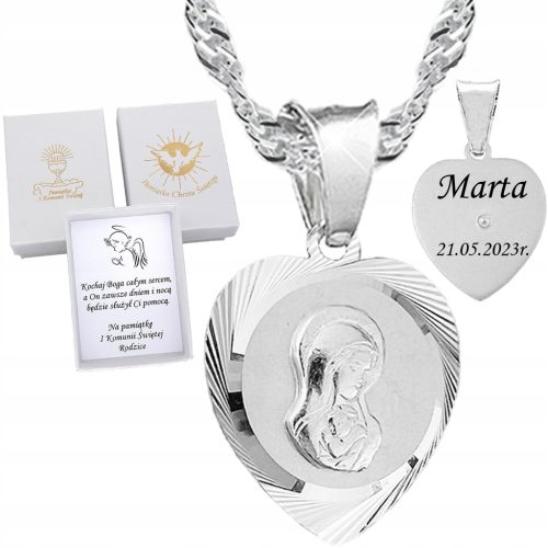  SILVER CHAIN AND COMMUNION MEDAL HEART ENGRAVING MOTHER OF GOD SILVER 925