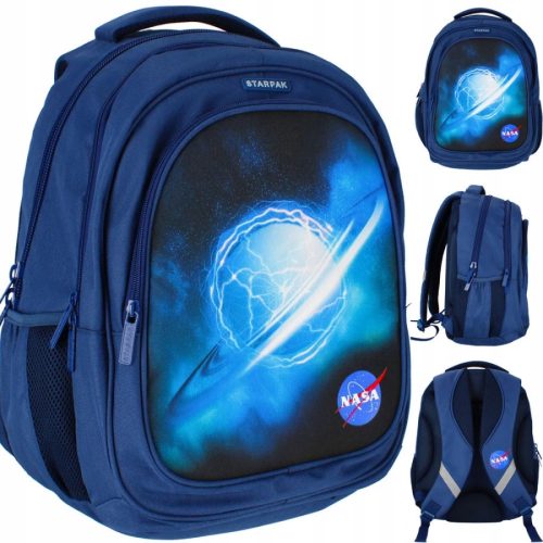  Starpak school backpack with multiple compartments. Shades of blue, multi-colored