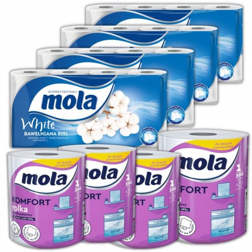 4× Mola unscented toilet paper 8 pcs. + 4× Mola comfort cellulose paper towel, white, 300 sheets