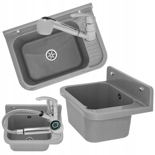 APKOMFORT VIGO single bowl sink, polypropylene, grey tones + Gamma Atut floor-standing kitchen faucet, silver