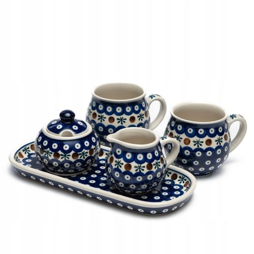 Dinner service tea and coffee service Ceramika Anna Wróbel K2, 5-piece, white and blue