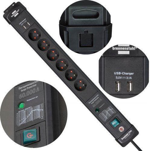 Brennenstuhl Premium-Line power strip 60,000A 6 sockets 3 m black