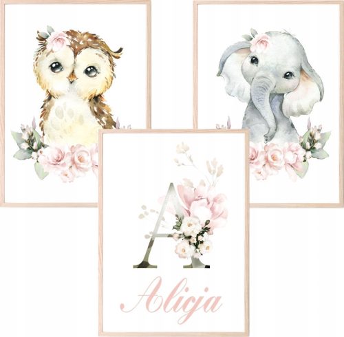  Set of 3 A3 pictures animals flowers names of the child