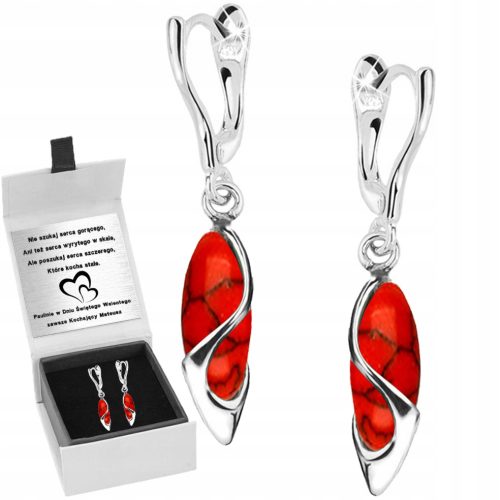  RED CORAL SILVER EARRINGS HANGING ENGRAVING