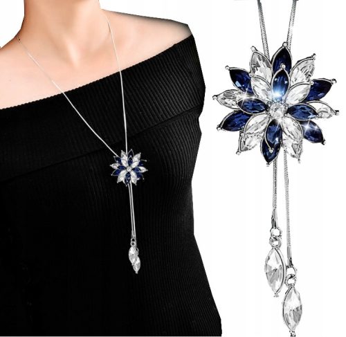  Necklace long silver chain crystal FLOWER