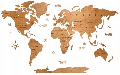 Decorative wall sticker world map made of wood on the wall, oak, 150 cm