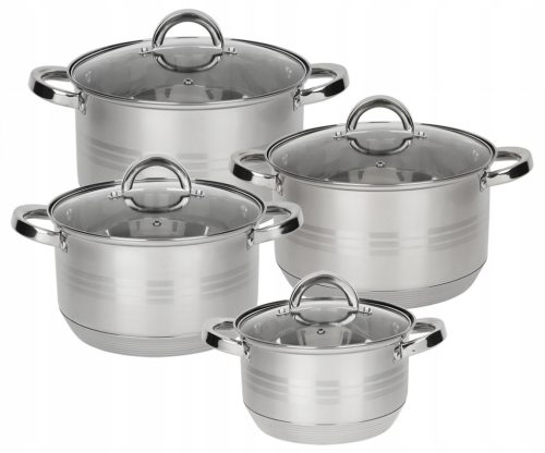  Set of Rossner pots with lids, steel, 8 pieces