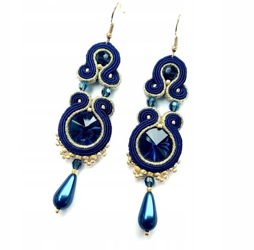  Earrings soutache navy blue gold wedding pearl