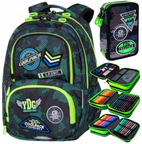  CoolPack multi-compartment school backpack. Green, yellow and gold tones, 24 l