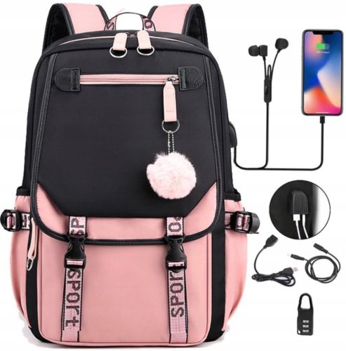 Large Youth School Backpack with USB Port, Lock & Pom Pom Keychain