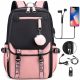 Large Youth School Backpack with USB Port, Lock & Pom Pom Keychain