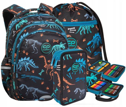 CoolPack Jerry Dinosaur Themed Youth School Backpack Kit with Pencil Case and Drawstring Bag