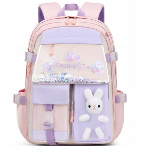  School backpack with multiple compartments. Pink tones