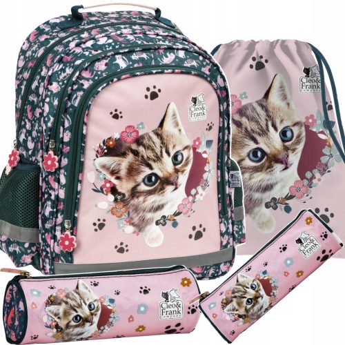 3-in-1 Cleo & Frank School Backpack Set for Girls with Pencil Case and Shoe Bag
