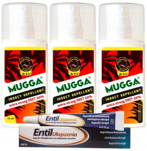  3× Mugga Deet mosquito and tick spray 50% 75 ml + Entil gel against bites Entil Bites 8 ml 8 g