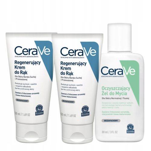 CeraVe Regenerating and Moisturizing Hand Cream Set for Dry Skin, 50ml, Includes Free Cleansing Gel