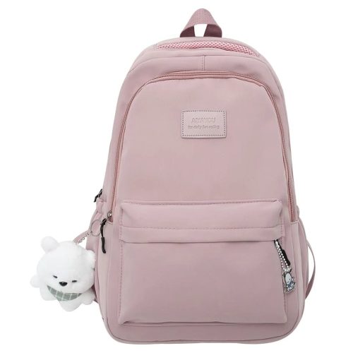 Pink Backpack with Bear Charm and Multiple Compartments