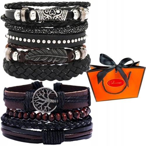  MEN'S ELEGANT LEATHER BRACELET SET OF 9 + GIFT BAG