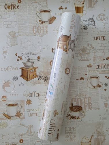 Beige kitchen wallpaper with cappuccino inscriptions