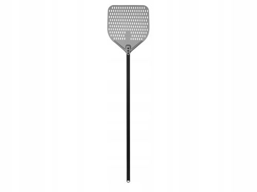 Black perforated pizza peel made of anodized aluminum with aluminum handle, square, 355 x 405 x 1500 mm, Technica, Pizza Line